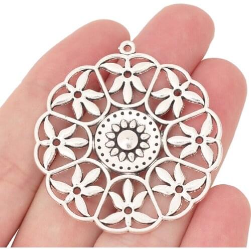 6 x Tibetan Silver Large Flower Round Charms Pendants for Necklace Jewelry Making Findings 47x44mm