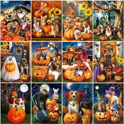 MomoArt Diamond Mosaic 5D DIY Cat Animal Full Drill Square Diamond Embroidery Pumpkin Needlework Mosaic Dog Art Halloween Gift