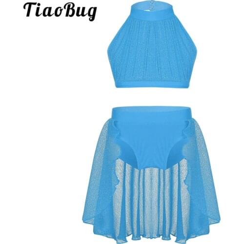 2PCS Kids Girls Ballet Tutu Dance Wear Backless Crop Top Shorts Skirt Set Ballerina Stage Contemporary Lyrical Dance Costumes