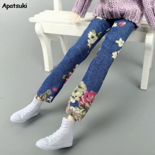 Flower Print Blue Jeans Pants Doll Clothes For Barbie Dolls Trousers Casual Wears For Barbie 1/6 BJD Dollhouse Accessories Toys