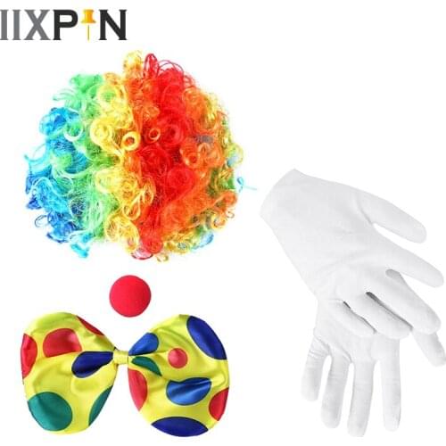 IIXPIN Halloween Cosplay Clown Costume Accessories Wig Red Sponge Nose Dots Bow Tie White Glove Clown Set Role Play Party Props