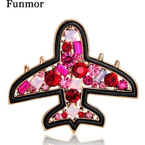Funmor Pre-sale Full Crystal Airplane Brooches Gold Color Mix Rhinestone Suit Collar Clips Aircraft Corsages Kids Broches