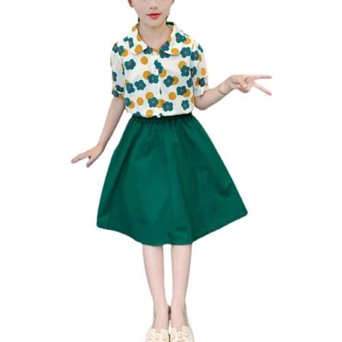 Girls Shirt Suit Summer Cute Flowers Print Blouse and Skirts Two-piece Red Green Color for 4-12 Year Boutique Kids Clothes Sets