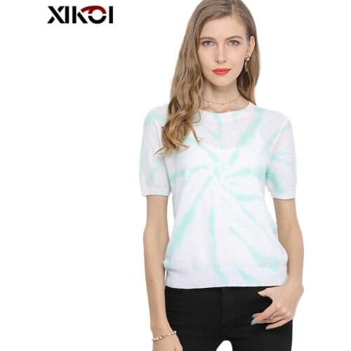 XIKOI Summer Oversized Loose Sweater t shirt For Women Short Sleeve Knitted Floral Jacquard Camiseta Vinatge Tee Female Jumper