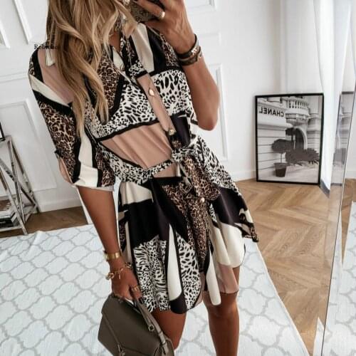 Fashion Autumn Women Leopard Printed Shirts Dress Tie Waist Roll Up Sleeve Buttons Turn-Down Collar Pleated Dress
