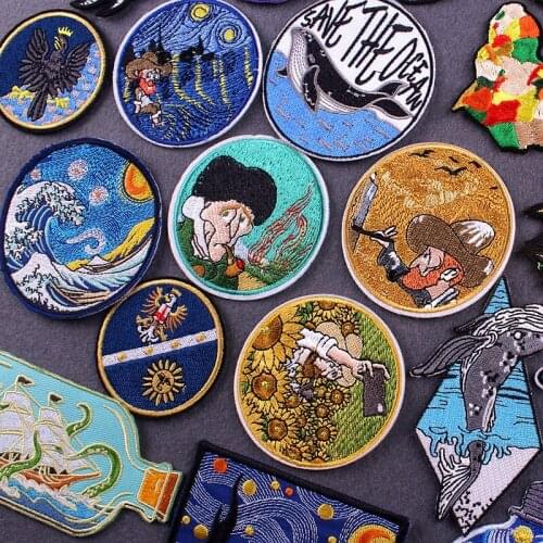 Van Gogh Iron On Patches Willdness/wave Embroidered Patches For Clothing Punk Skull Sticker On Clothes Stripe Badge For Clothes