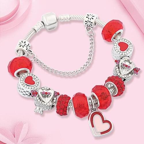 Leabyl New Romantic Red Cupids Arrow Heart Charm Bracelet for Women Girl Lovers Gift Red Crystal Bead Bracelet Pulsera Mujer