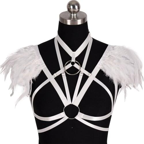 Feathers Punk Goth Style Harness Tops Fashion Hollow Bra Sexy Lingerie Adjust Waist Suspender Belt Pastel Goth Festival Rave