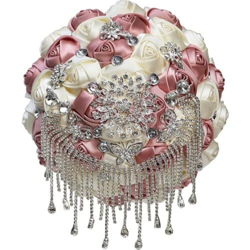 Luxurious Pearl Rhinestones Bride Bridesmaid Brooch Bouquets Nude Pink Satin Rose Bouquets, Wedding Supplies PF009