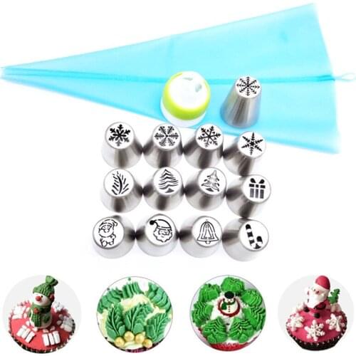 15Pcs/Set Christmas Russian Nozzle Set Stainless Steel Cake Decorating Tool Silicone Pastry Bag Icing Piping Cream Converter