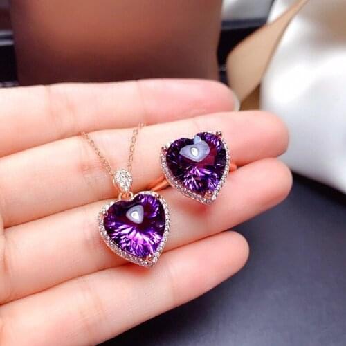 18K Rose Gold Heart shape Lab Amethyst Jewelry set 925 Sterling Silver Engagement Wedding Rings Necklace For Women Bridal Gift