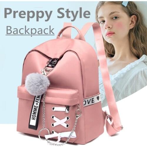 Bow Preppy Style Backpack for Girls Chain Oxford Shoulder Bagpack Double Zipper Simple Women School Bags Large Capacity Bookbags
