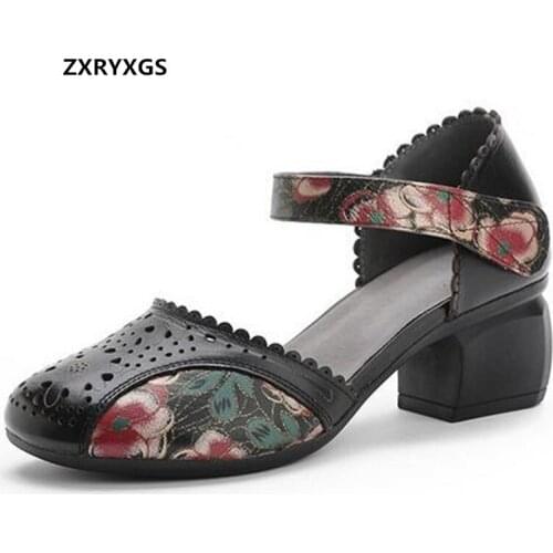 2021 New Summer Round Toe Hollow Genuine Leather Sandals Thick Heel Elegant Print Comfort Fashion Sandals Women Shoes Sandals