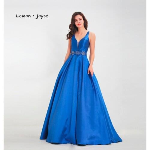 Lemon joyce Blue Evening Dresses 2020 Simple V-neck Beading A-line Floor Length Sexy Party Gowns Plus Size