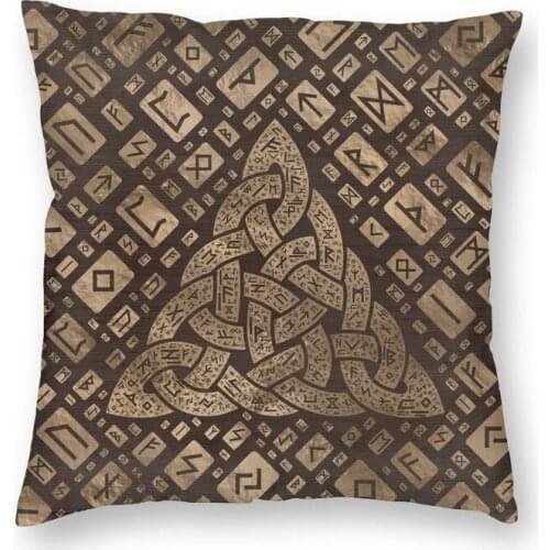 Triquetra And Runic Alphabet Wood And Gold Cushion Cover Vikings Floor Pillow Case Living Room Cool Pillowcase Home Decorative