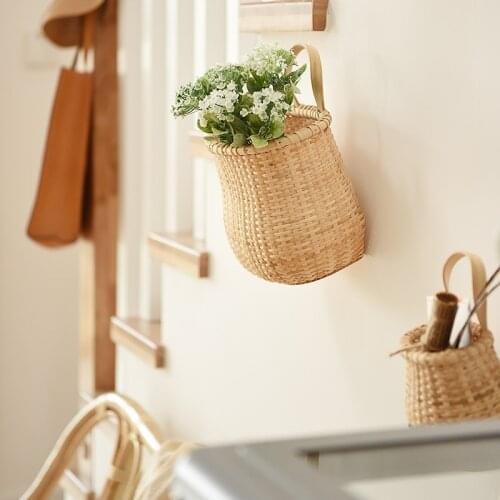 Rural Rattan Handmade Storage Basket Woven Hanging Organizers with Handle Fruit Vegetable Picnic Baskets Kitchen Wall Home Decor