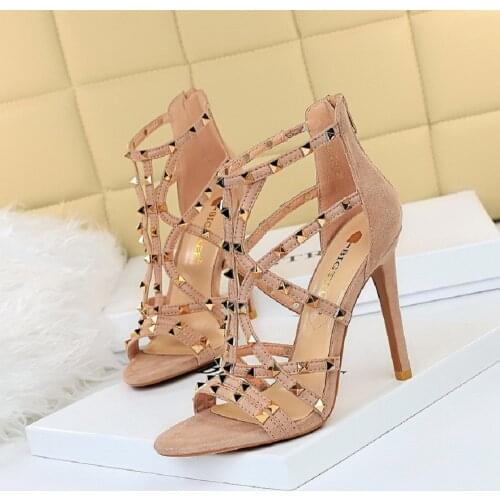 Fashion Sexy Nightclub Stiletto Super High Heel Suede Metal Rivet Hollow Sandals Roman Shoes Summer Heel Shoes Nude Heels