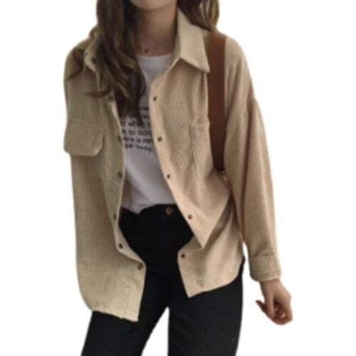 2021 Spring-Autumn New Loose corduroy shirt women long-sleeved lapel solid color All-match cardigan pocket blousers outer jacket