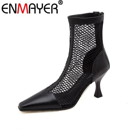 ENMAYER Womens Boots Square Toe High Heels Casual Fashion Shoes Winter Black Ankle Boots Thin heels Boots for female Sale CR680