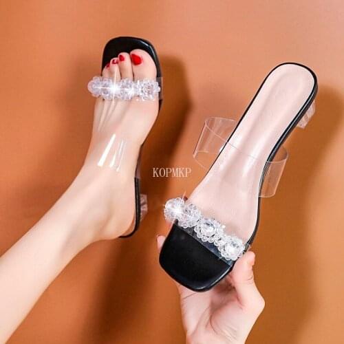 Crystal 2021 Clear Heels Slippers Women Sandals PVC Summer Shoes Woman Transparent High Wedding Jelly Buty Sexy Square Toe