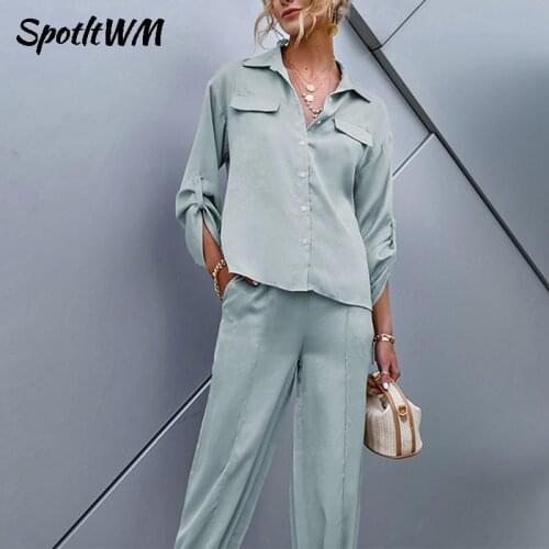 SpotLtWM Casual Women Solid Suits Long Sleeve Shirt And High Waist Long Pants Pajamas Mujer Two Piece Set Elegant Ladies Outfits