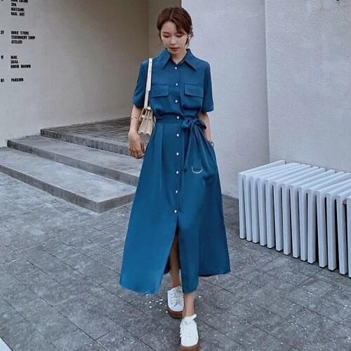 Summer Dress Female 2021 Spring Autumn Retro Waist Slim Design Sense Shirt Dresses With Belt Women Long Sleeve Pea Green 140