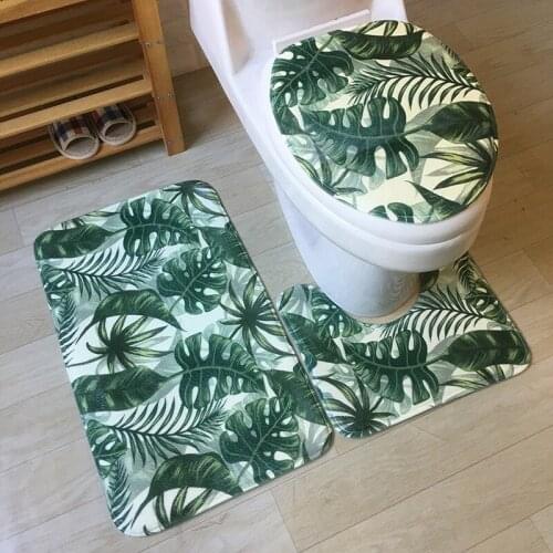 Plant Pattern Flannel Printing Toilet Cover Seats Floor Mat Absorbent Non-slip Household Floor Mat Bathroom Toilet 3 Pcs Carpet