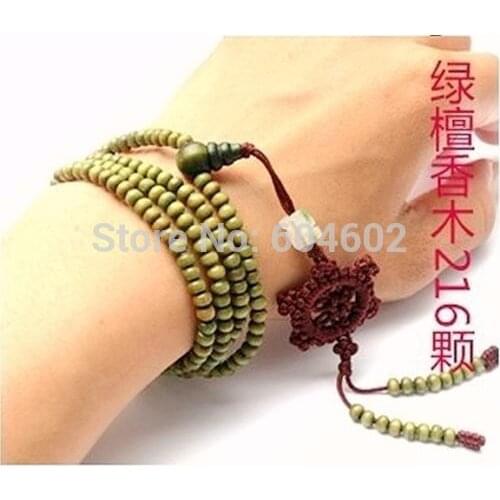 4mm Tibetan Buddhism 216 Green Wood Wheel Mala Necklace