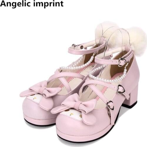 Angelic imprint woman mori girl lolita cosplay shoes lady mid heels pumps women student princess lovely dress shoes pearl 33-47