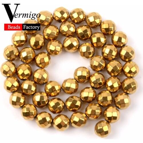 Natural Stone Beads Faceted Plated Gold Hematite Round Ball Beads For Jewelry Making 3 4 6 8 10mm Diy Bracelet Accessories 15"