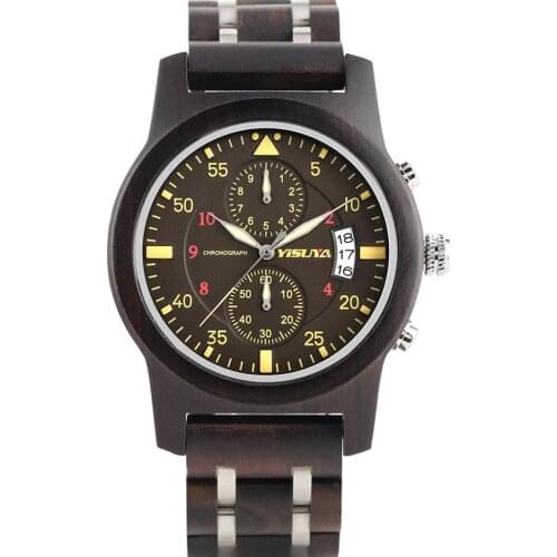 Mens Quartz Black Ebony Wooden Watch Five-pin Chronograph Dial Watch Elegant Calendar Luminous Function Wooden Wristwatch