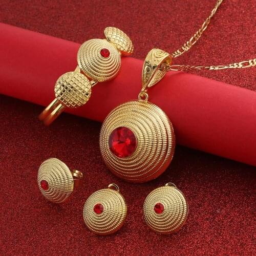 Ethiopian Jewelry Sets Pendant Necklaces Earrings Ring Bangles for Womens Gold Color Eritrean African Bride Gift