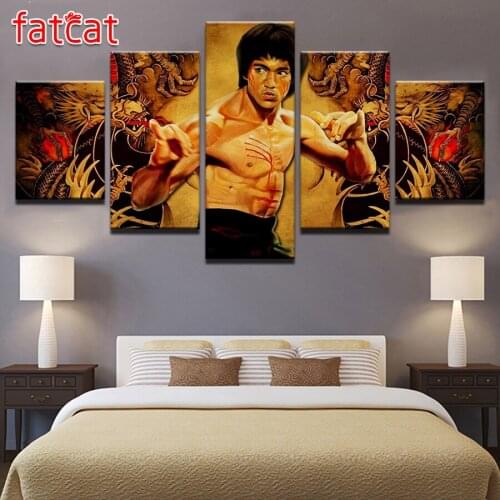 FATCAT Diy Diamond Painting 5 Panel Kung Fu Superstar Bruce Lee Decorative full Square Round Diamond Embroidery Sale Art AE760
