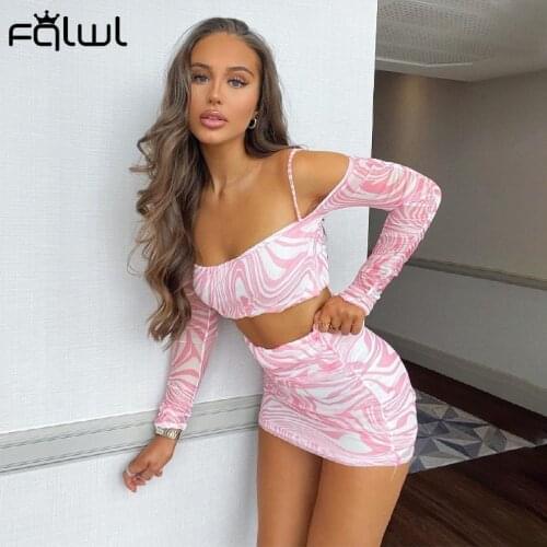 FQLWL Summer Print 2 Two Piece Sets Women Skirts 2021 Off Shoulder Long Sleeve Crop Top Sexy Mini Skirt Pink Club Matching Sets