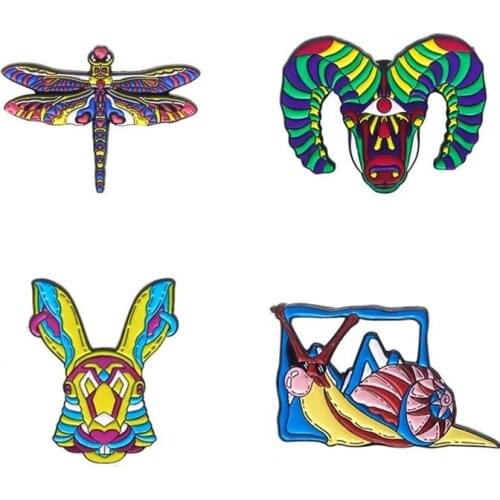 HOSENG Green Purple Goat Dragonfly Snails Rabbit Cartoon Brooch Kids Backpack Hat Enamel Jewelry Pin Birthday Gift HS_643