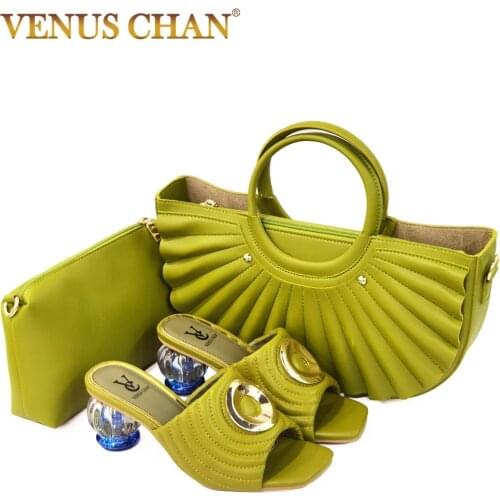 Itallian Design 2021 New Arrival Fashion Avocado Color Party Elegant Women Shoes and Bag Set full of Rhinestone Mixing Metal