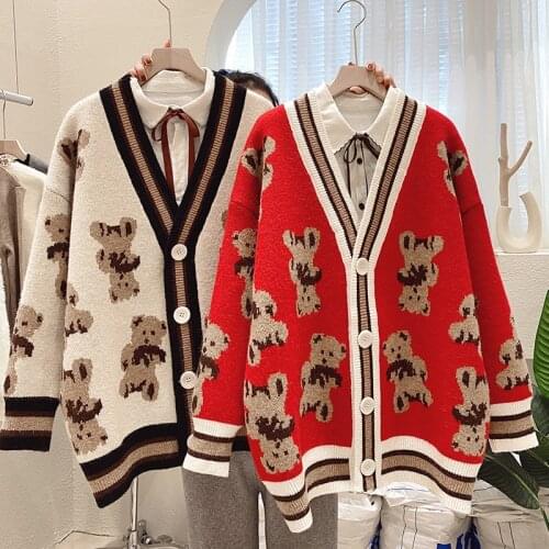 Kpytomoa Cardigan sweater 2021 spring autumn new ins popular retro French loose knitted Little bear length net red sweater coat