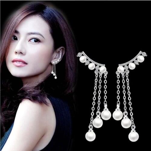 KOFSAC New Silver 925 Stud Earrings for Women Shiny Zircon Exquisite Long Tassel Pearl Pendant Earring Fine Ear Jewelry Brincos