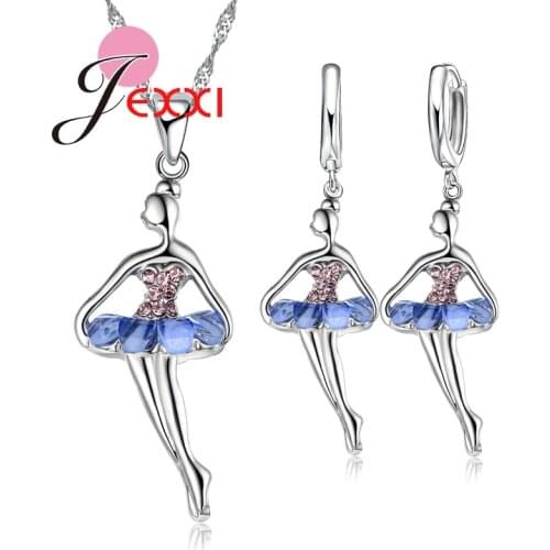Hot Sale Ballet Dancing Girl Pendant Pretty CZ Colorful Dress 925 Sterling Silver Necklace Earrings Jewelry Set