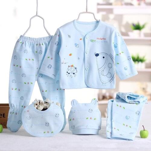5PCS Newborn Baby Girls Boys Clothes Sets Infant Baby Boy Girl Cartoon Long Sleeve Tops+Hat+Pants +Bib Outfit Sets Baby Clothing