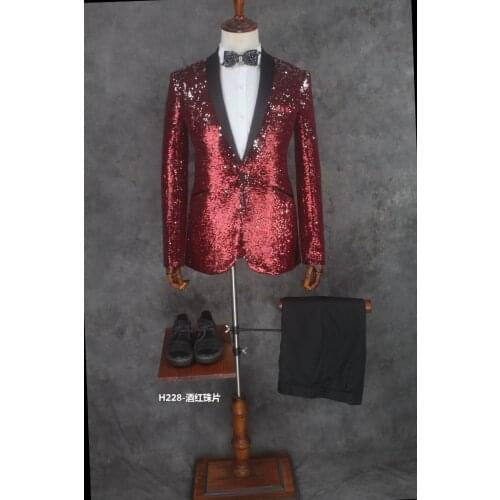 Mens wine red sequin with silver sequin beading luxury tuxedo jacket/bar/studio/dance/stage performance/jacket with pants