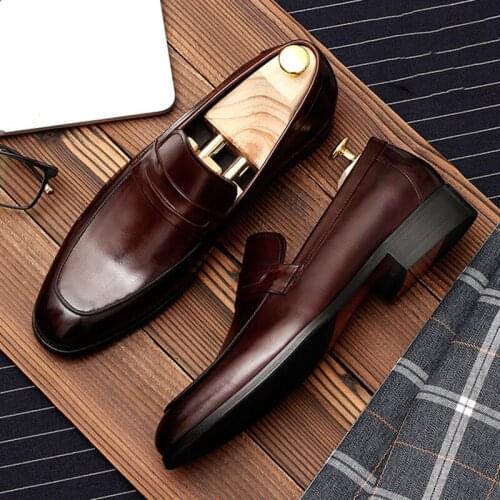 2021 Autumn Men leather shoes business dress suit shoes men brand Bullock Luxury genuine leather black slipon wedding mens shoes