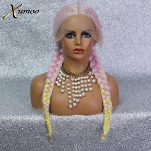 Ombre Pink Blue Braided Wigs Glueless Lace Front Wig Box Braids Synthetic Wig With Baby Hair Heat Resistant For Cosplay Women