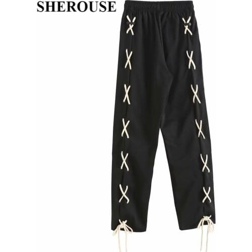 SHEROUSE 2021 Fashion Women Pants with back cross strap Casual Elastic Hight-waist trousers High Street Woman Loose Sweatpants