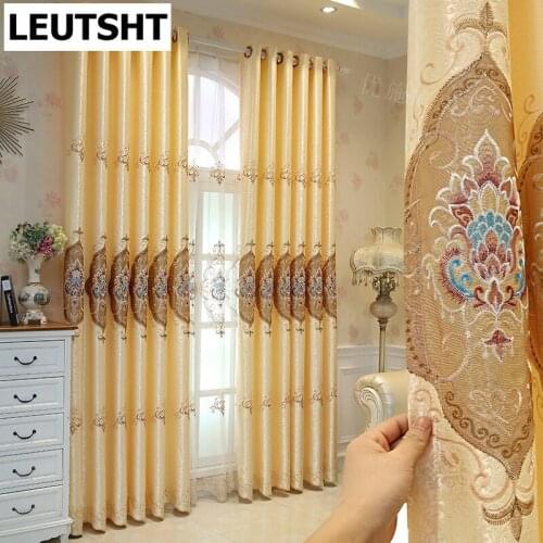 European Style Curtains for Living Dining Room Bedroom Luxury Curtains Embroidered Fabrics Yellow Blue Jacquard Curtains Tulle