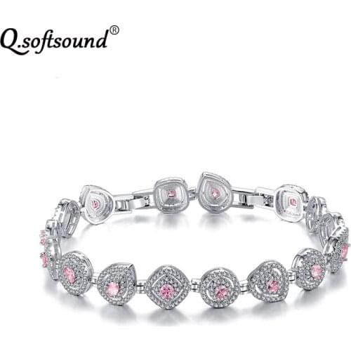 Qsoftsound Heart Shape Circle Square Group Charm Bracelets for Women White Gold Color Pave Zircon Crystal Fashion Jewelry QB609