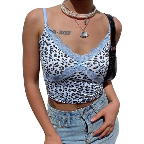Womens Lace Tops Sling Cropped Tee Casual No-Sleeve Summer Sexy Short V-Neck Leopard Printed Outerwear Camis