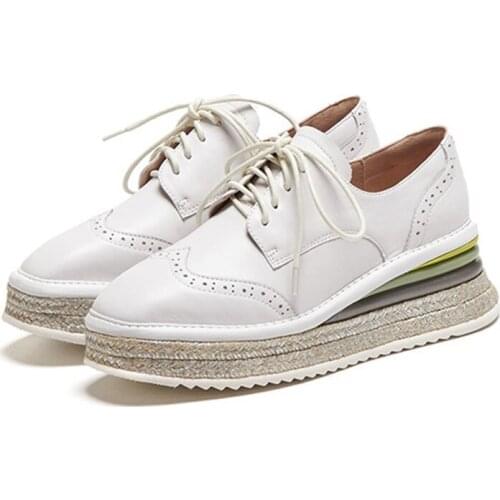 2020 Autumn Brogue Shoes Lace Up Women Platform Shoes Casual Genuine Leather Shoes Wedges Woman High Quality