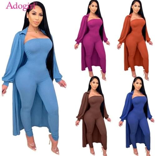 Adogirl Women Sexy Ribbed Two Piece Set Strapless Bandage Jumpsuit Turn Down Collar Lantern Sleeve Long Cardigan Coat Outfits