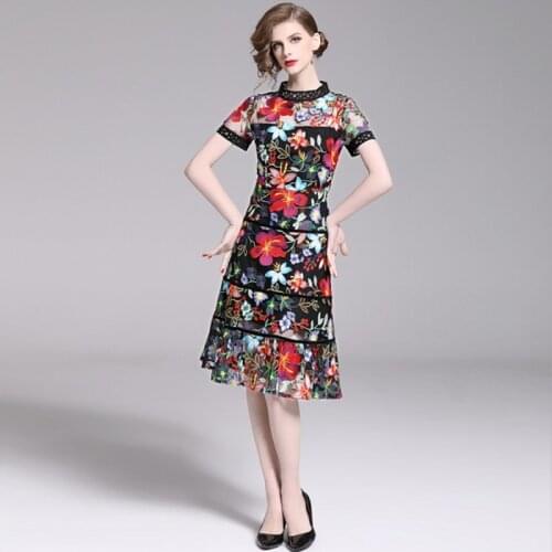 New Arrival Vestidos Women Hollow Out Embroidery Flower Mesh Dress 2020 Spring Sweet patchwork Flare sleeve Evening Party Dress